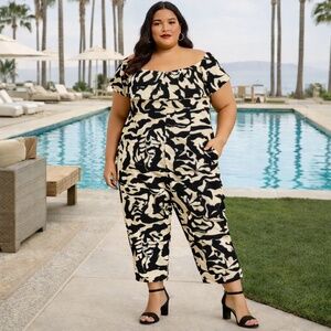 Plus Size Off-Shoulder Wide Leg Jumpsuit in Cream & Black